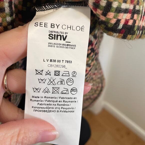 See by Chloe Tweed Shirt Dress Twofer Black Pink Green Wool Preppy w/ Pockets 10 - Picture 5 of 7